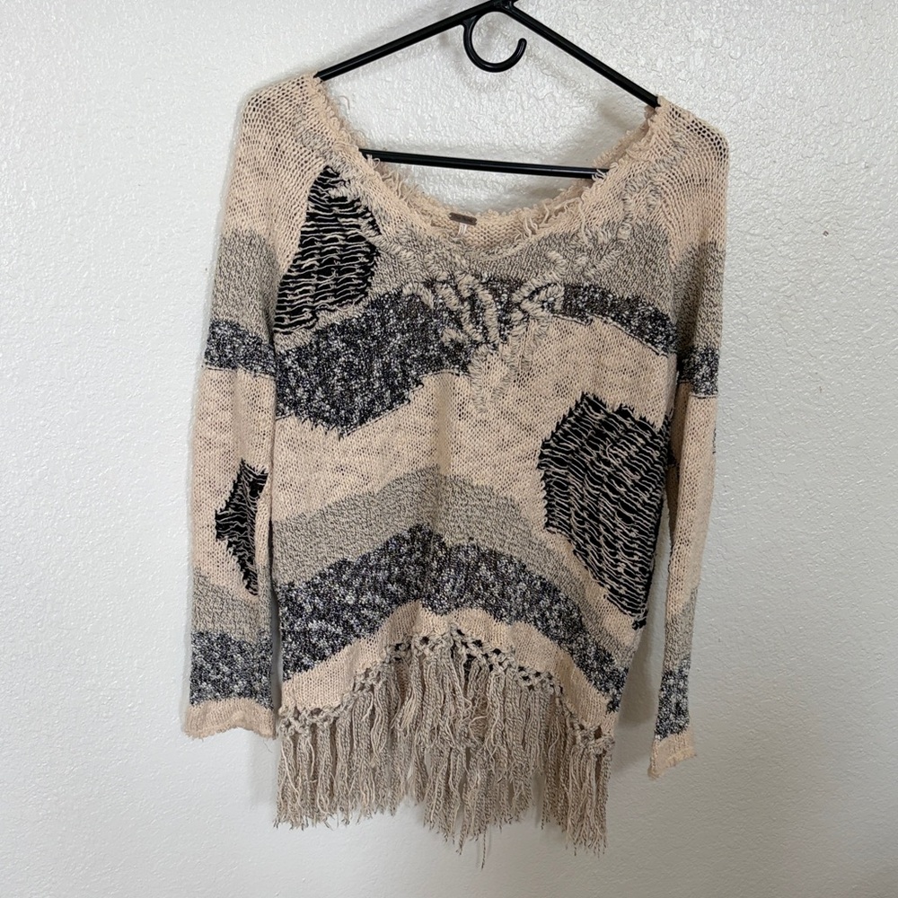 We The Free Beige and Gray Fringed Top